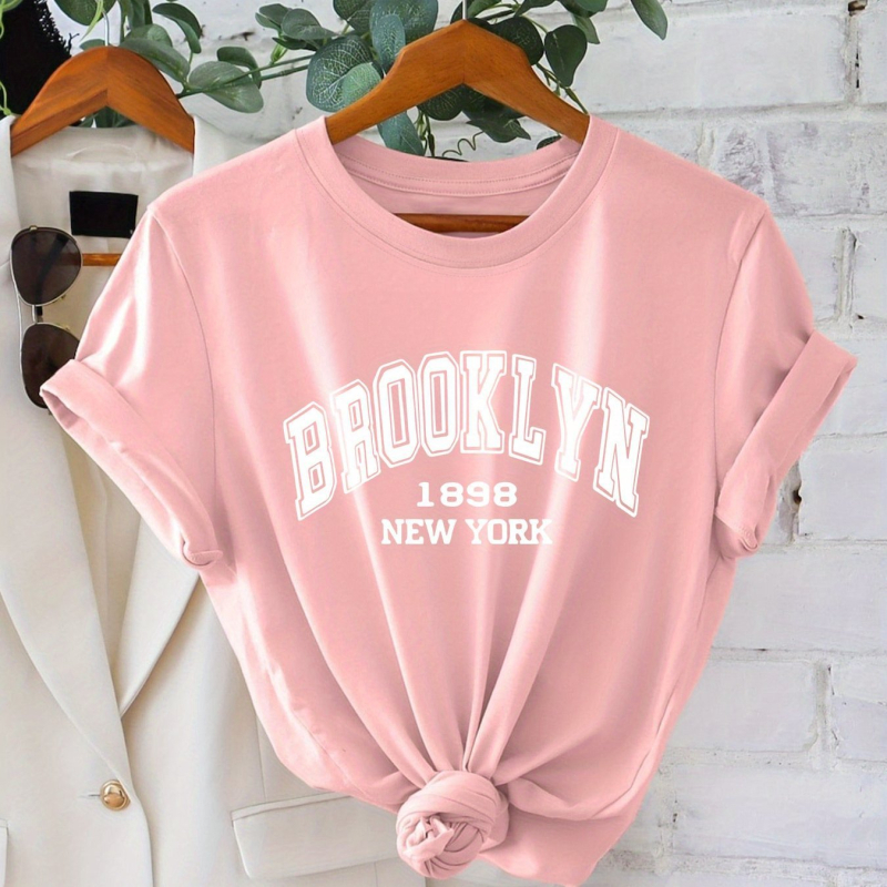 Tricou cu imprimeu litere, mânecă scurtă, guler rotund, poliester 95%+, imprimare prin transfer termic, HOOK ON YOU