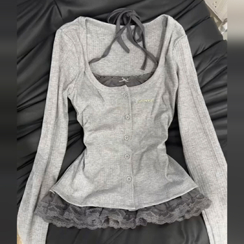 Tricou din dantelă cu halter, mâneci lungi, uni, lungime normală