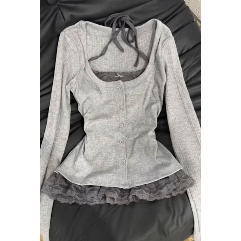 Tricou din dantelă cu halter, mâneci lungi, uni, lungime normală