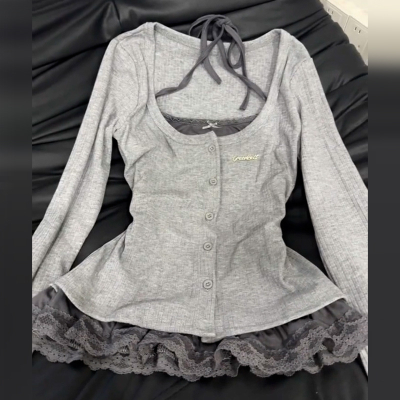 Tricou din dantelă cu halter, mâneci lungi, uni, lungime normală