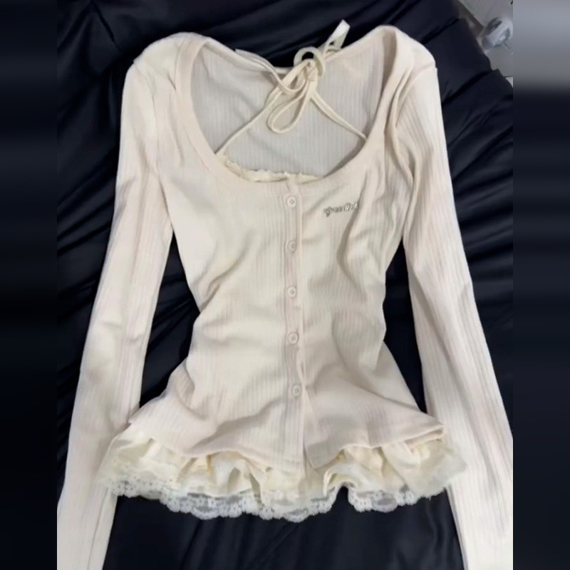 Tricou din dantelă cu halter, mâneci lungi, uni, lungime normală