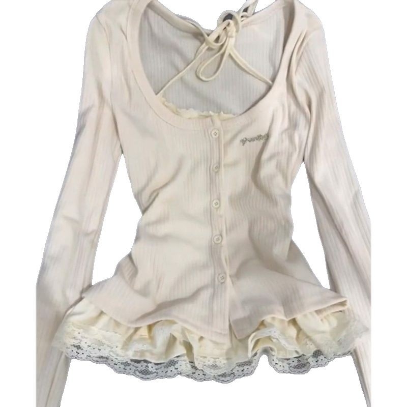 Tricou din dantelă cu halter, mâneci lungi, uni, lungime normală