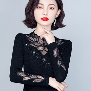 Top de bază slim cu mâneci lungi, căptușit cu fleece, panouri din plasă și dantelă, guler cu stand, material poliester