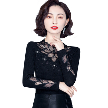 Top de bază slim cu mâneci lungi, căptușit cu fleece, panouri din plasă și dantelă, guler cu stand, material poliester