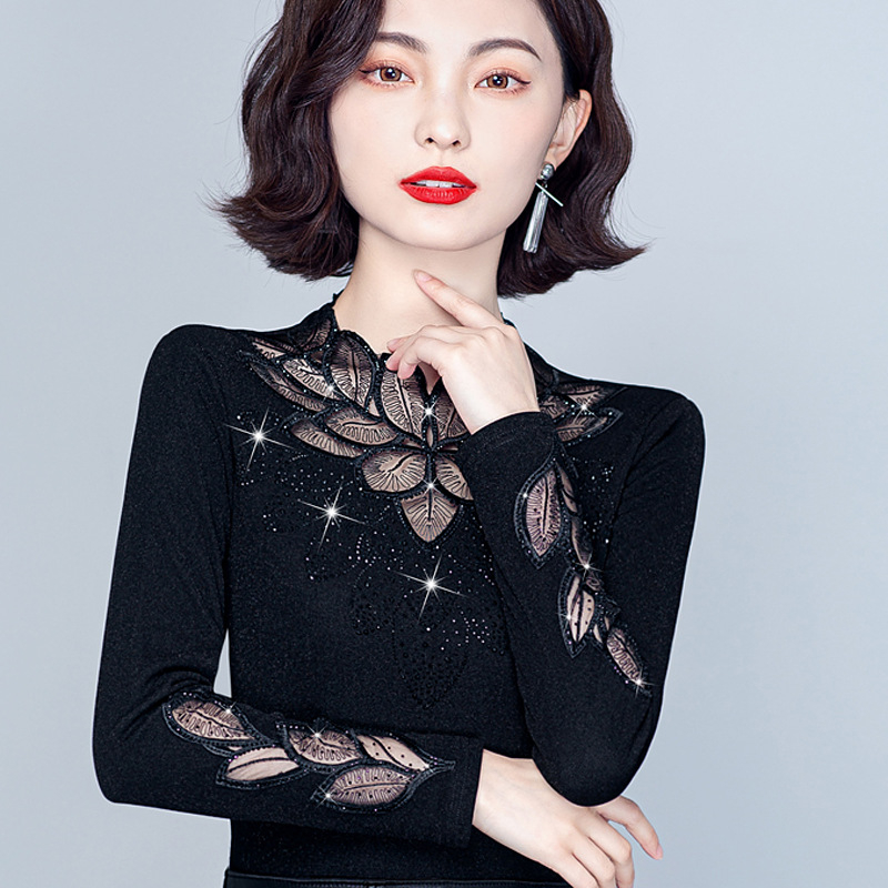 Top de bază slim cu mâneci lungi, căptușit cu fleece, panouri din plasă și dantelă, guler cu stand, material poliester