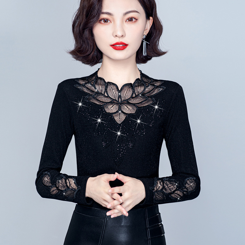 Top de bază slim cu mâneci lungi, căptușit cu fleece, panouri din plasă și dantelă, guler cu stand, material poliester