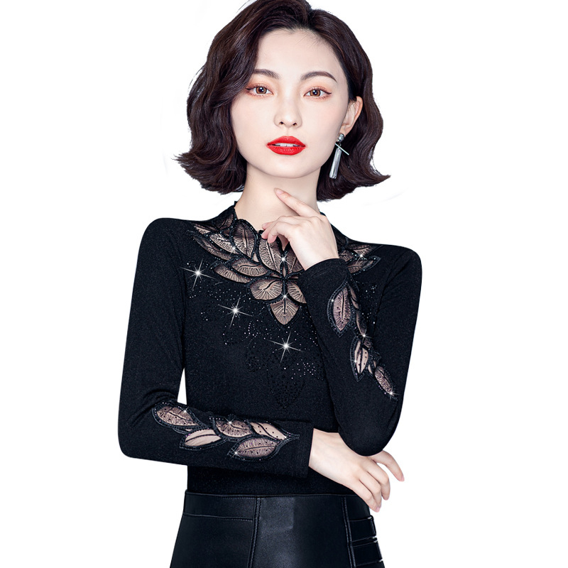 Top de bază slim cu mâneci lungi, căptușit cu fleece, panouri din plasă și dantelă, guler cu stand, material poliester