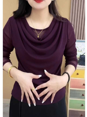 Tricou din poliester cu guler rotund și mâneci lungi, conținut de poliester 80–90%