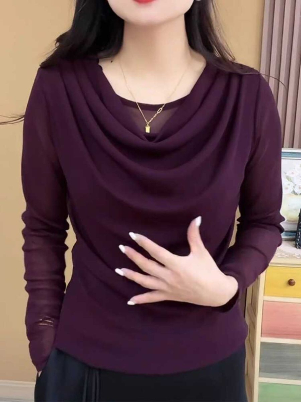 Tricou din poliester cu guler rotund și mâneci lungi, conținut de poliester 80–90%