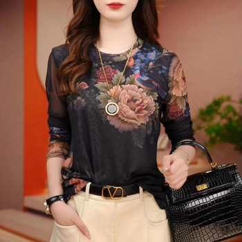 Tricou de damă din poliester cu mânecă lungă, imprimeu, croială Slim, guler rotund, iarnă 2024, stil casual japonezo-coreean.