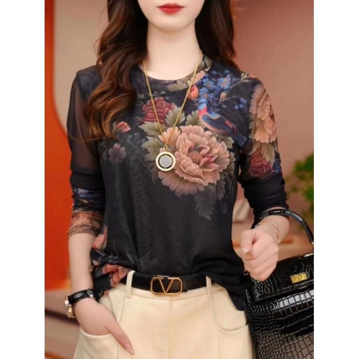 Tricou de damă din poliester cu mânecă lungă, imprimeu, croială Slim, guler rotund, iarnă 2024, stil casual japonezo-coreean.