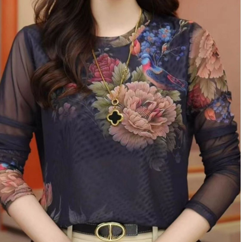 Tricou de damă din poliester cu mânecă lungă, imprimeu, croială Slim, guler rotund, iarnă 2024, stil casual japonezo-coreean.