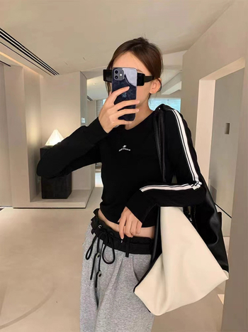 Tricou din poliester, stil coreean, cu mâneci lungi, guler rotund, imprimare cu text