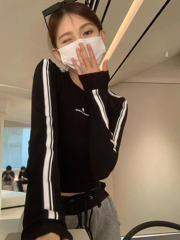 Tricou din poliester, stil coreean, cu mâneci lungi, guler rotund, imprimare cu text