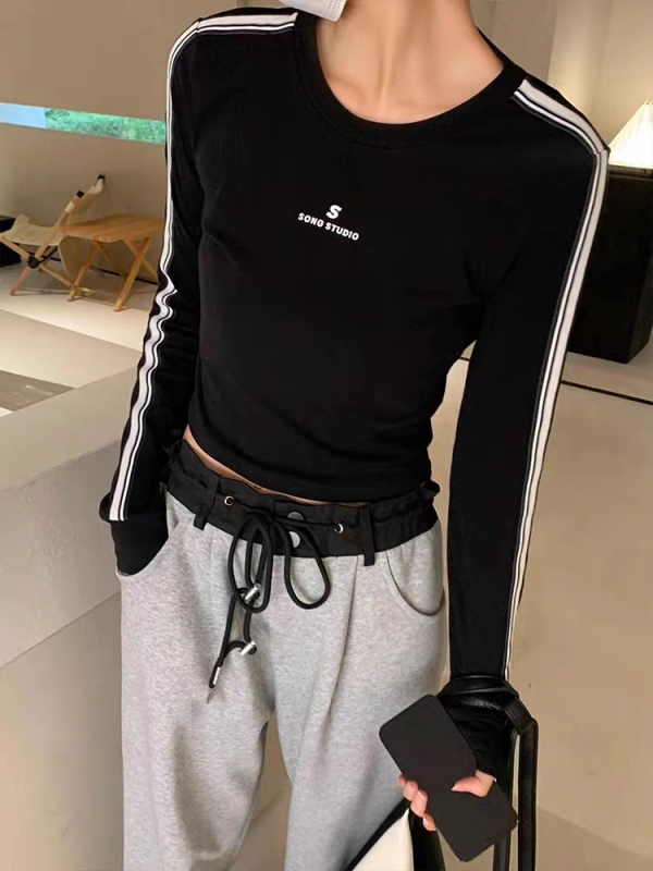 Tricou din poliester, stil coreean, cu mâneci lungi, guler rotund, imprimare cu text