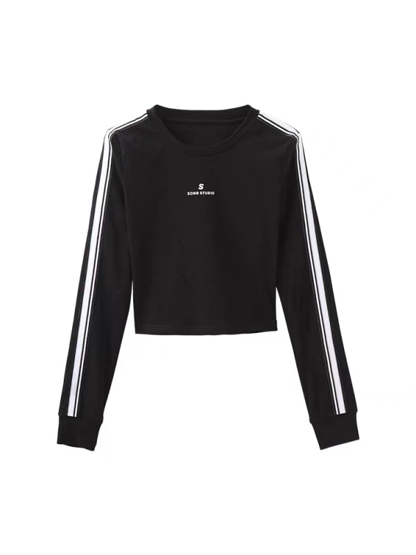 Tricou din poliester, stil coreean, cu mâneci lungi, guler rotund, imprimare cu text