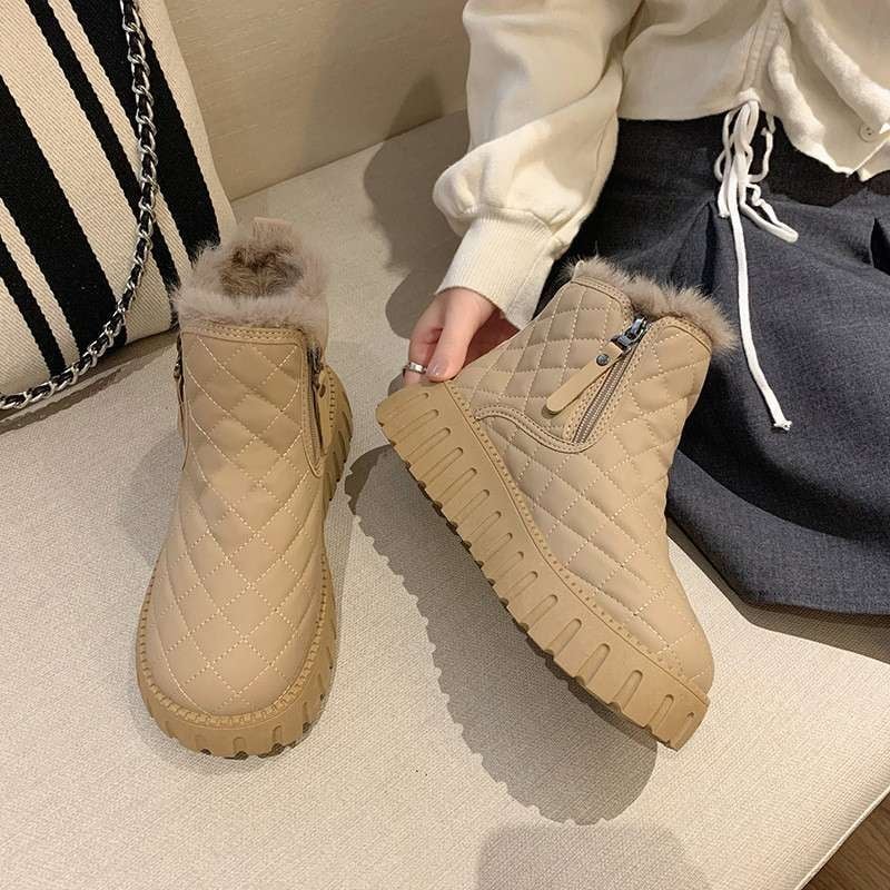 Cizme de zăpadă pentru femei, căptușite cu velur, înălțime medie, stil coreean, PU partea superioară, închidere frontală cu șiret, talpă groasă 4–6 cm