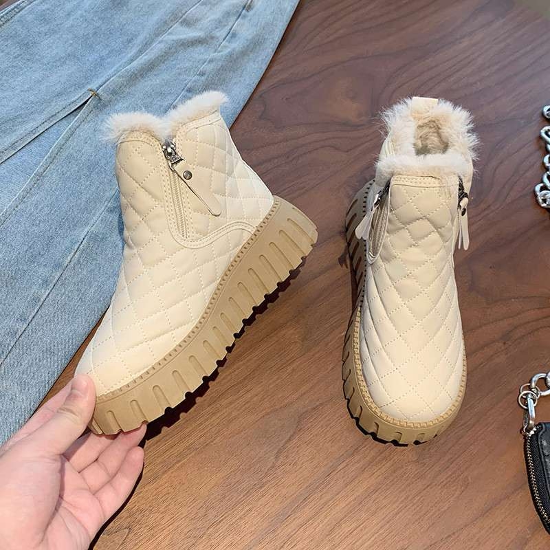 Cizme de zăpadă pentru femei, căptușite cu velur, înălțime medie, stil coreean, PU partea superioară, închidere frontală cu șiret, talpă groasă 4–6 cm