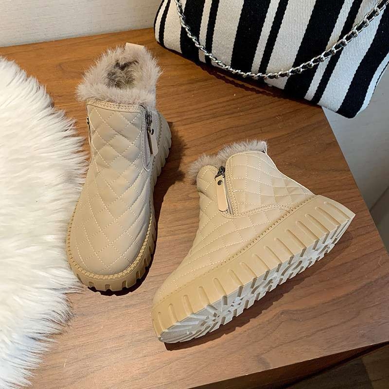 Cizme de zăpadă pentru femei, căptușite cu velur, înălțime medie, stil coreean, PU partea superioară, închidere frontală cu șiret, talpă groasă 4–6 cm