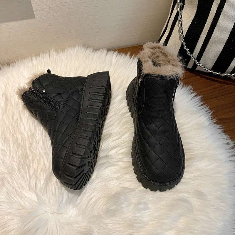 Cizme de zăpadă pentru femei, căptușite cu velur, înălțime medie, stil coreean, PU partea superioară, închidere frontală cu șiret, talpă groasă 4–6 cm
