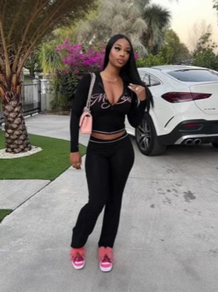 Set casual din două piese pentru femei: hanorac cu fermoar și imprimare cu litere, mâneci lungi, material poliester-spandex (90–95% poliester), iarnă 2024