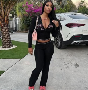 Set casual din două piese pentru femei: hanorac cu fermoar și imprimare cu litere, mâneci lungi, material poliester-spandex (90–95% poliester), iarnă 2024