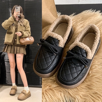 Loaferi damă din bumbac, căptușiți cu blană sintetică, vârf rotund, PU partea superioară, talpă din cauciuc, slip-on, iarna 2024