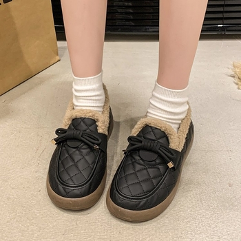 Loaferi damă din bumbac, căptușiți cu blană sintetică, vârf rotund, PU partea superioară, talpă din cauciuc, slip-on, iarna 2024