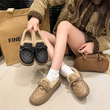 Loaferi damă din bumbac, căptușiți cu blană sintetică, vârf rotund, PU partea superioară, talpă din cauciuc, slip-on, iarna 2024