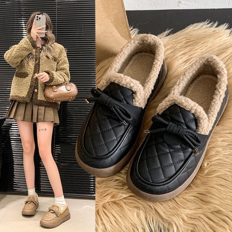 Loaferi damă din bumbac, căptușiți cu blană sintetică, vârf rotund, PU partea superioară, talpă din cauciuc, slip-on, iarna 2024