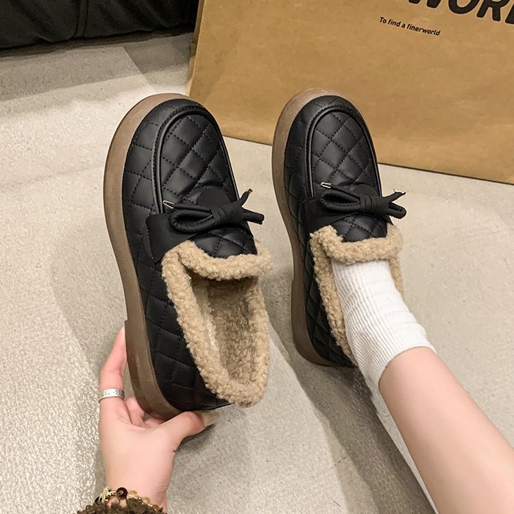 Loaferi damă din bumbac, căptușiți cu blană sintetică, vârf rotund, PU partea superioară, talpă din cauciuc, slip-on, iarna 2024