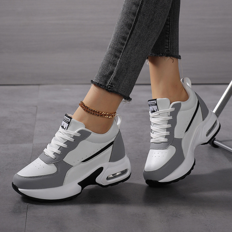 Adidași femei cu înălțime internă de 8 cm, PU ușor, vârf rotund, șireturi, talpă moale