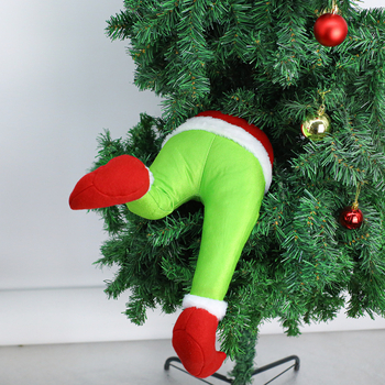 Kalėdų eglutės papuošalas – pūkuota Kalėdų senelio elfų koja, animacinio stiliaus, poliesteris/medžiaga