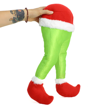 Kalėdų eglutės papuošalas – pūkuota Kalėdų senelio elfų koja, animacinio stiliaus, poliesteris/medžiaga