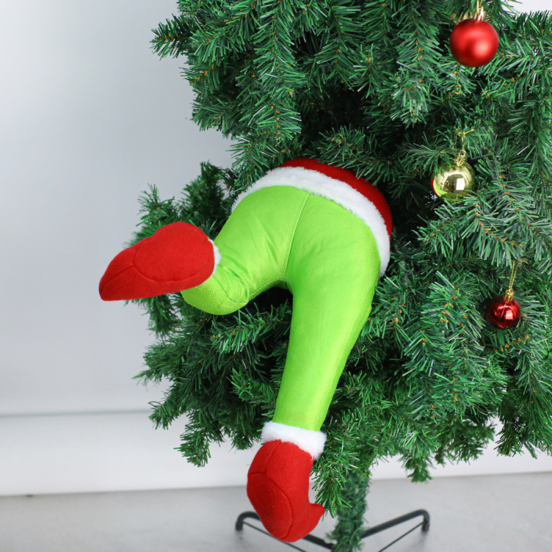 Kalėdų eglutės papuošalas – pūkuota Kalėdų senelio elfų koja, animacinio stiliaus, poliesteris/medžiaga