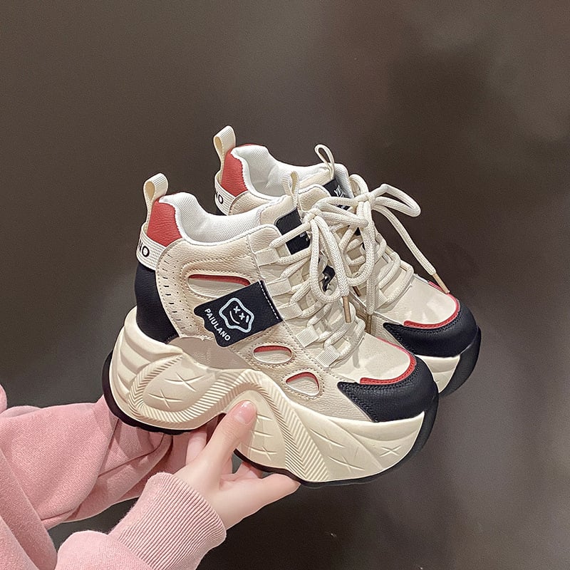 Pantofi sport damă tip dad shoes, 10 cm înălțime interioară, talpă groasă, partea superioară din plasă, închidere cu șiret în față