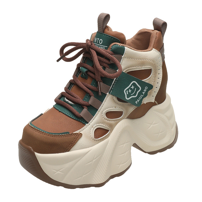 Pantofi sport damă tip dad shoes, 10 cm înălțime interioară, talpă groasă, partea superioară din plasă, închidere cu șiret în față