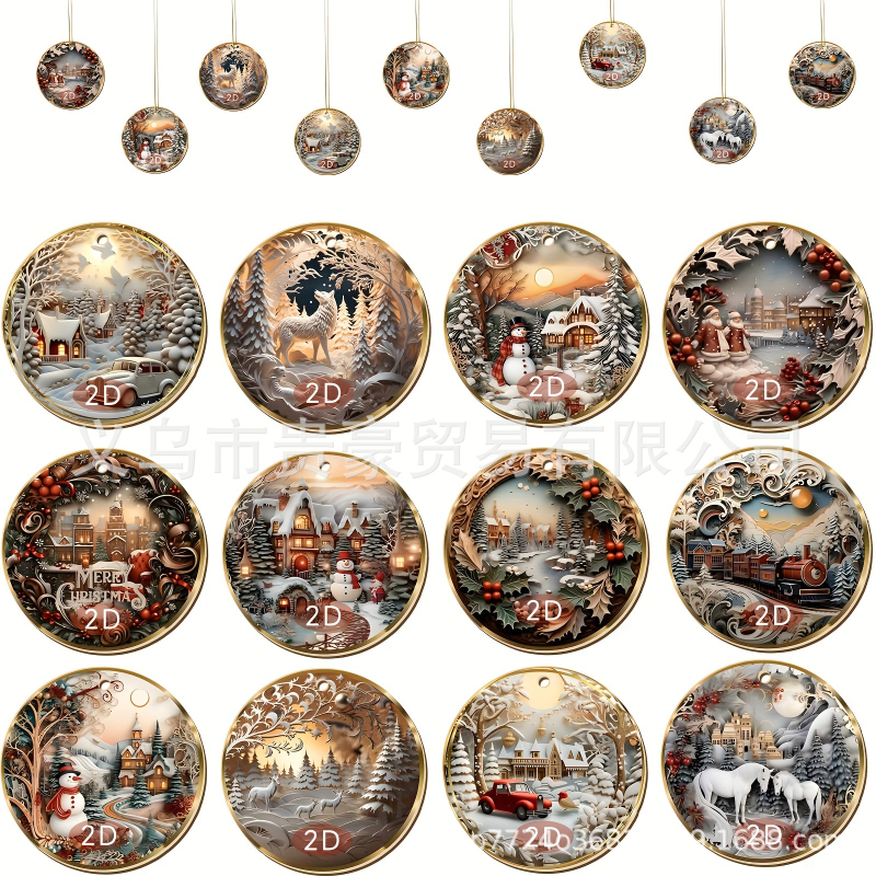 Mediniai Kalėdų pakabinami papuošalai, 12 vnt., 2D plokščios apvalios dekoracijos Kalėdų medeliui
