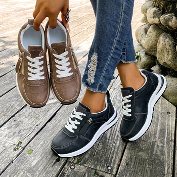 Pantofi flats femei cu șiret frontal, vârf rotund, partea superioară PU, talpă turnată prin injecție, toc 3-5 cm