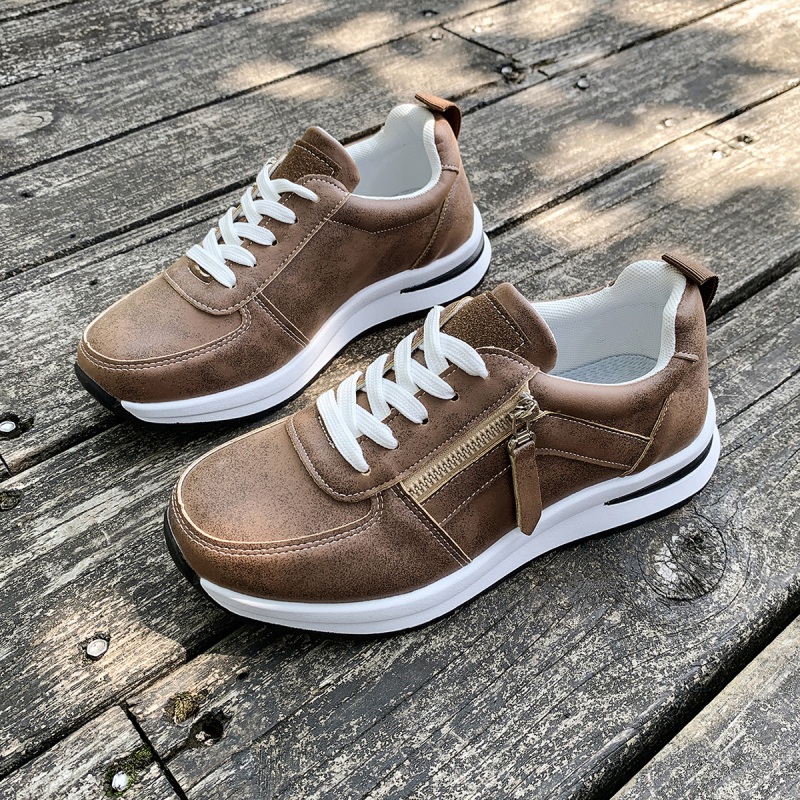 Pantofi flats femei cu șiret frontal, vârf rotund, partea superioară PU, talpă turnată prin injecție, toc 3-5 cm