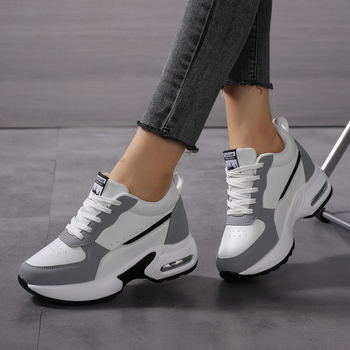 Adidași sport pentru femei cu înălțime internă de 8 cm, ușori, din piele sintetică, șireturi, vârf rotund