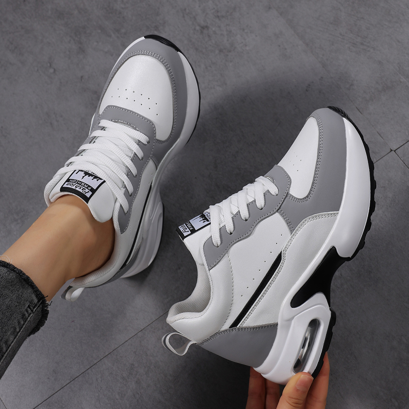 Adidași sport pentru femei cu înălțime internă de 8 cm, ușori, din piele sintetică, șireturi, vârf rotund