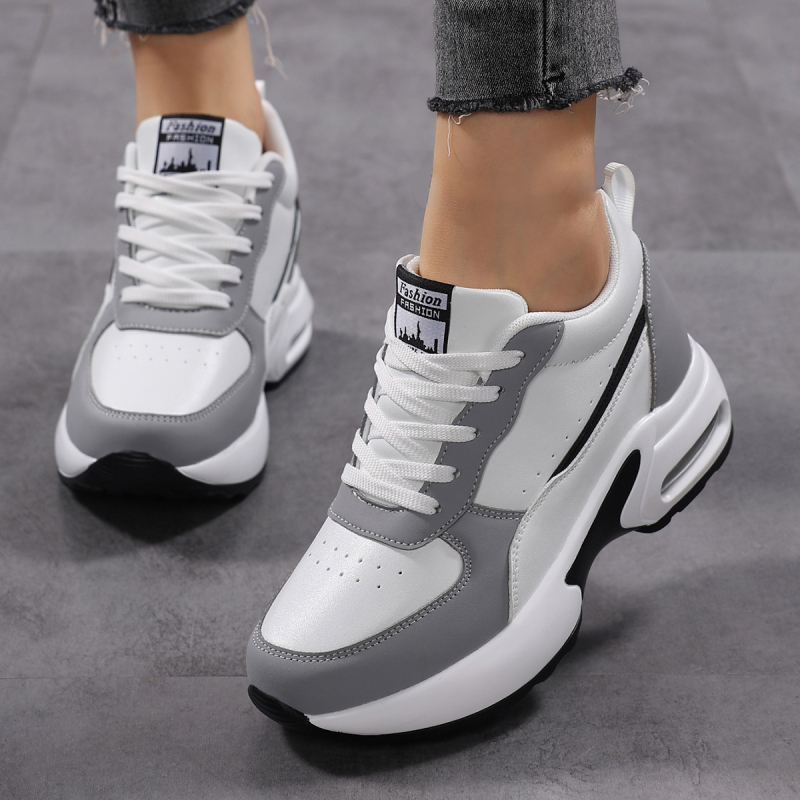 Adidași sport pentru femei cu înălțime internă de 8 cm, ușori, din piele sintetică, șireturi, vârf rotund