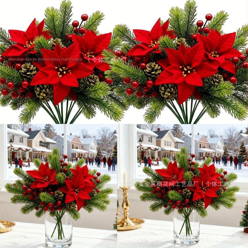 Dirbtinės poinsettijos puokštė su pušies adatomis ir raudonomis uogomis Kalėdinėms dekoracijoms; medžiaga: plastikas; gamyba: injekcinis formavimas; tinka vestuvėms, lauke, nuotraukų rekvizitams ir namų dekoravimui.