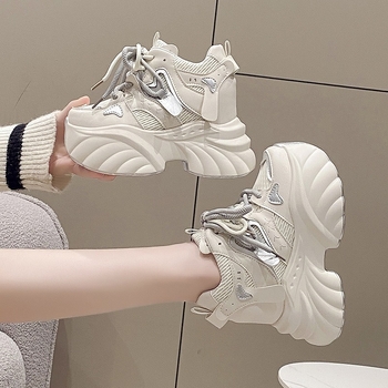 Női Dad Shoes stílusú cipő PU+háló felsőrész, kerek orr, 6–8 cm magas sarok, gumi talp, előre fűzőzár