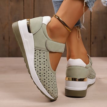 Ženske tenisice s Velcro zatvaračem - prozračni perforirani gornji dio PU, debeli gumeni đon, klin 3-5 cm, svakodnevna upotreba
