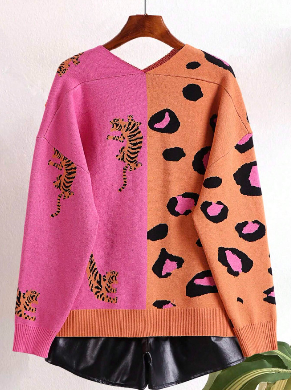 Ženski kardigan s V-izrezom, patchwork leopard i tigrovi otisci, srednje debljine, poliester
