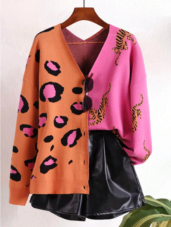 Ženski kardigan s V-izrezom, patchwork leopard i tigrovi otisci, srednje debljine, poliester