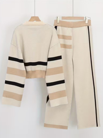 Ženski casual set: pulover s Raglan rukavima i opuštene karirane sportske hlače, poliester, patchwork izrada, jesen 2025, japansko-korejski casual stil