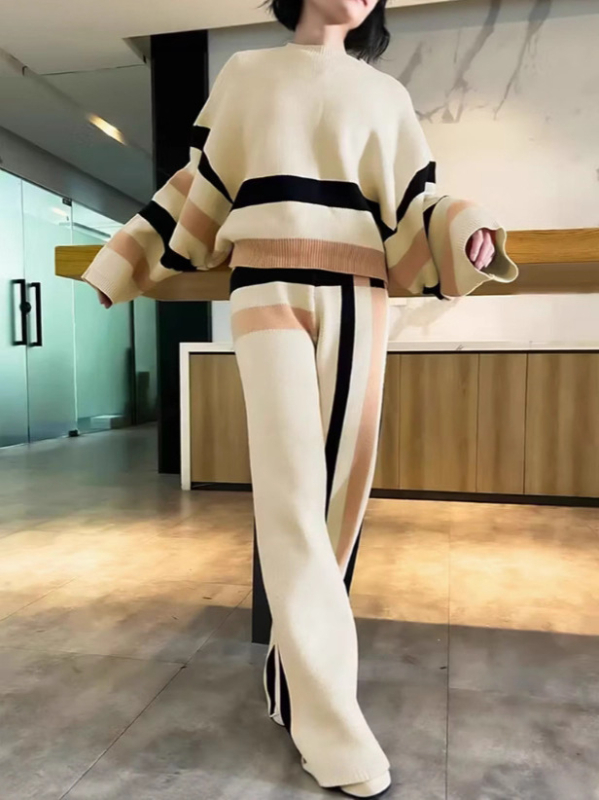 Ženski casual set: pulover s Raglan rukavima i opuštene karirane sportske hlače, poliester, patchwork izrada, jesen 2025, japansko-korejski casual stil